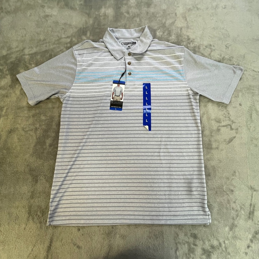 Pebble Beach Performance Polo Mens Large Grey Striped Dry-Luxe Golf Shirt CC2141